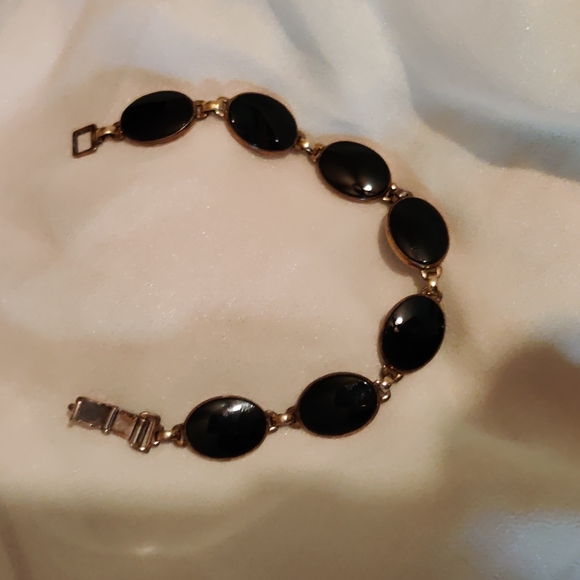 Antique oval Black Onyx Sterling+1/20 14kt Genuine gold filled bracelet 8"  50's - Picture 13 of 17